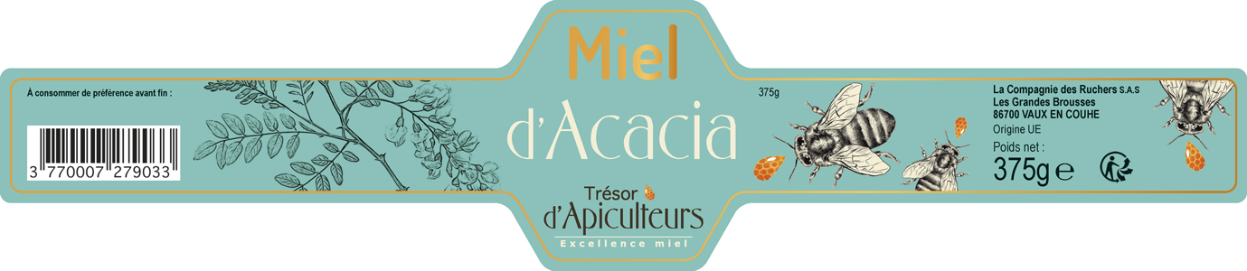 Étiquette pot de miel d'acacia pour la marque Trésor d'Apiculteurs